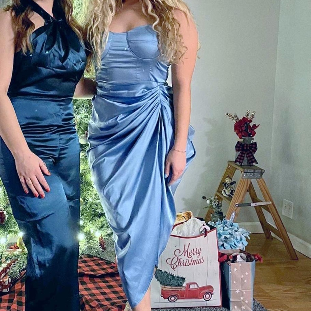 Satin blue dress with drape side detail - Picture 4 of 4